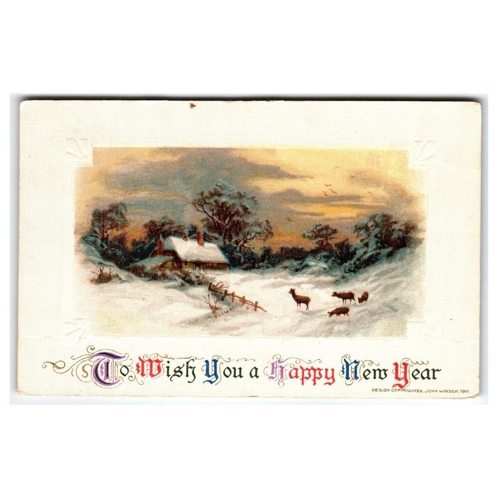1911 John Winsch New Year Postcard Winter Cabin Deer Snow Scene